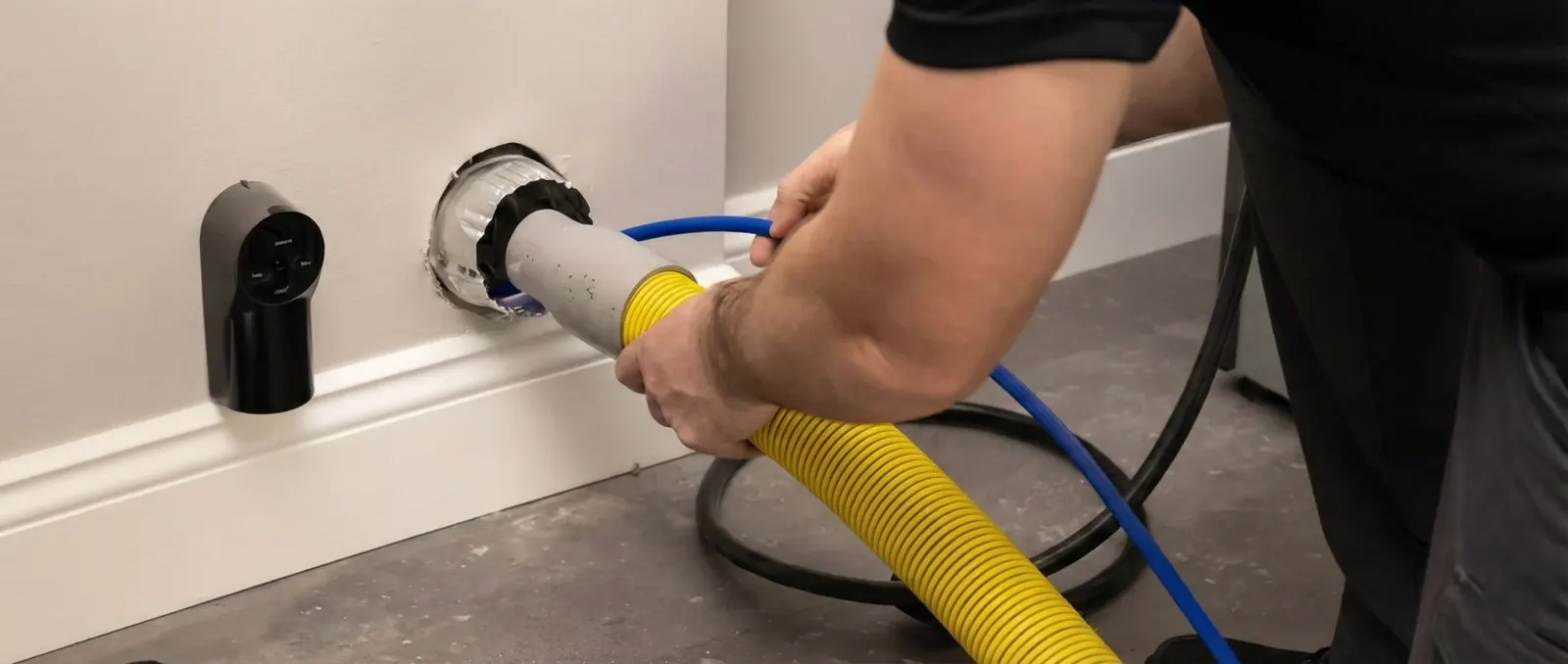 A cleaning hose fed into a dryer vent opening in the laundry room wall