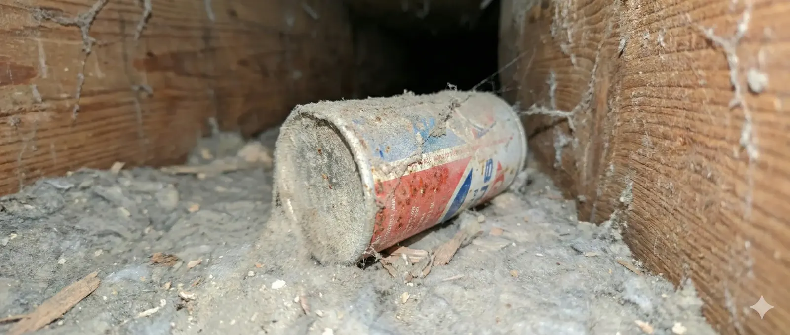 Inside a dirty duct trunk line: thick dust and an old soda can left behind in the ductwork