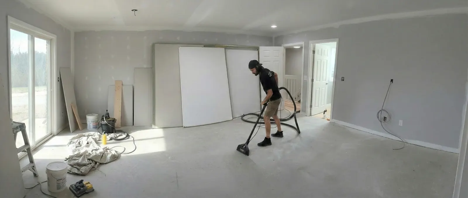 Jake cleaning the carpet of an empty, sunlit bedroom with a truck-mounted wand