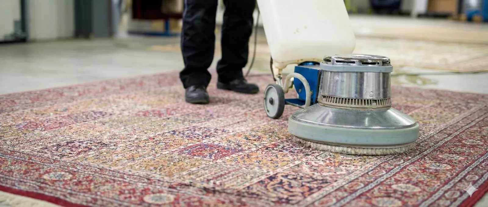 A rotary scrubber deep cleaning a red patterned area rug