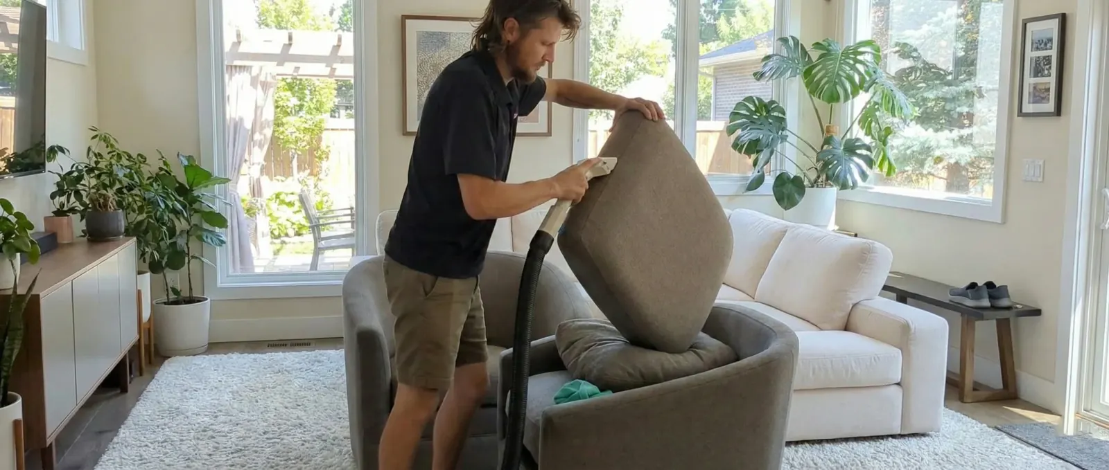 Jake cleaning sofa cushions in a bright living room